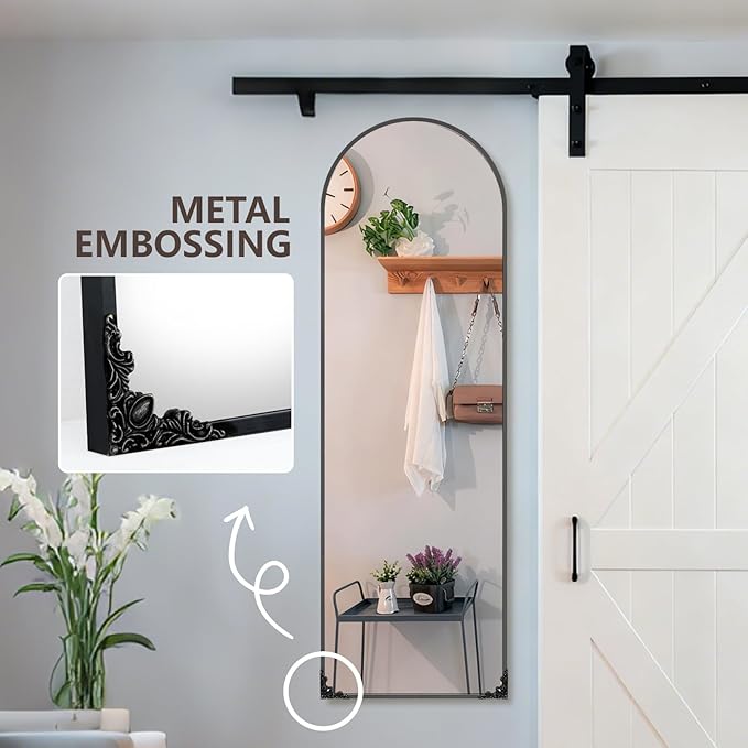 50"x16" Door Mirror, Arched Full Length Mirror, Over the Door Mirrors Full Length, Hanging Mirrors for Bedroom, Bathroom, Black
