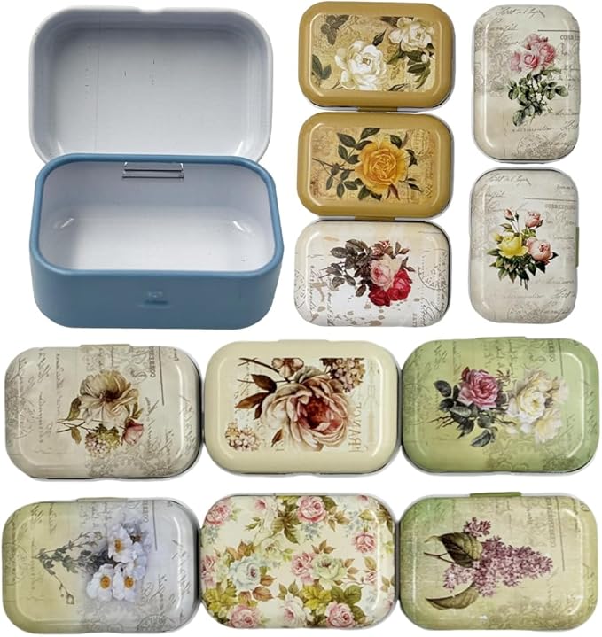 8Pcs Mini Flower Tin Trinket Jewelry Organizer Storage Box Decorative Boxes Small Metal Tins with Hinged Lids Portable Box Containers Small Storage Kit,Easter Basket Stuffers