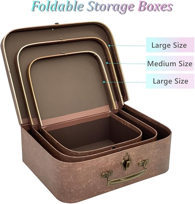 Vintage Decorative Storage Box Set of 3 with Lids, Keepsake & Photo Box, Brown Suitcase Memento Case