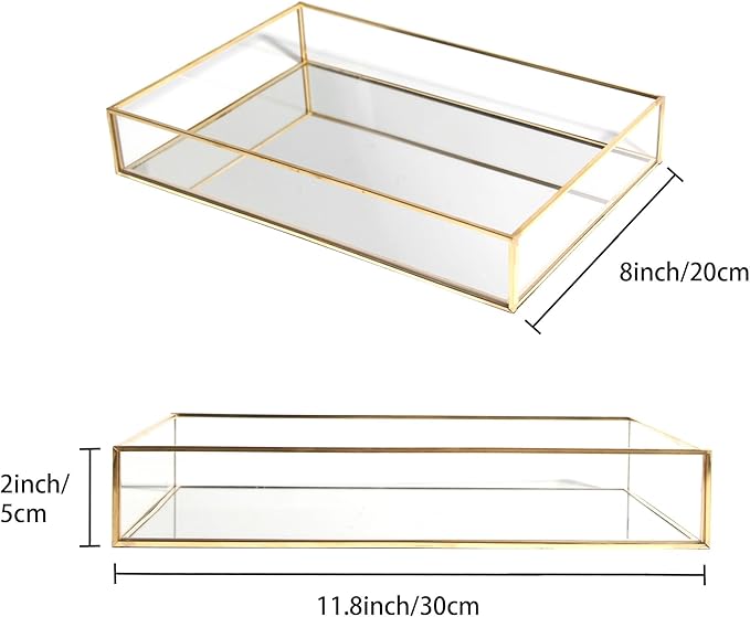 Feyarl Gold Glass Perfume Fragrance Tray Mirror Vanity Jewelry Trinket Magazine Photo Organizer Ornate Cosmetic Makeup Display Decorative Coffee Table Tray for Home Decor Dresser Tabletop （11.8” x 8"）
