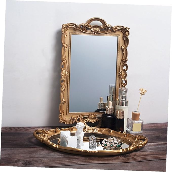 VILLCASE European Style Vintage Mirror Tray Golden Makeup Organizer Perfume Storage Vanity Display Decorative Dresser Tray for Home Party Decor