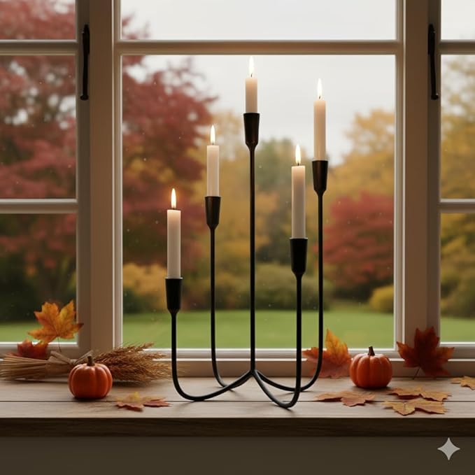 Candelabra for 5 Taper Candles – Hand-Forged Candle Holder with Elegant Vintage Finish – Decorative Centerpiece for Dining Room, Living Room or Mantel Decor（Black）