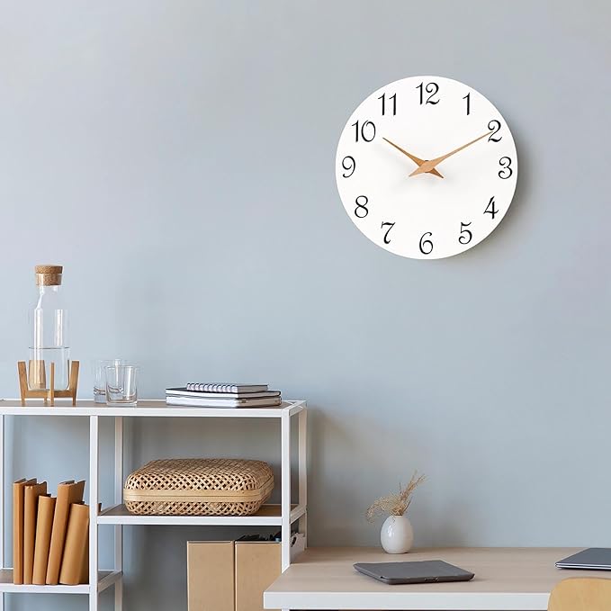 Mosewa Wall Clock White Silent Non Ticking Battery Operated Simple Minimalist Wooden Clock Decorative for Home Bedroom Living Room(14 Inch)