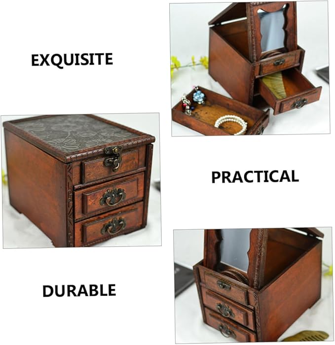 Cabilock Chinese Style Wooden Jewelry Box with Mirror Dust Jewelry Storage Holder for Rings Necklaces Earrings Practical Makeup Organizer Elegant Women