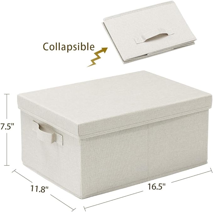 HOONEX Foldable Storage Bins with Lids, 2 Pack, Storage Boxes with Carrying Handles and Sturdy Heavy Cardboard, 16.5" L x 11.8" W x 7.5" H for Shoes, Books, Clothes, Beige