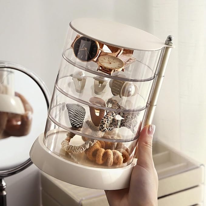 360 Degree Rotating Transparent Jewelry Storage Box Multi-Layer Organizer for Hair Accessories Makeup Tools Space Saving Clear PP PET Vertical Design Stackable Compartment(E)