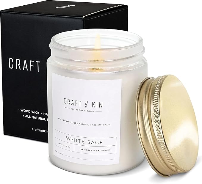 Craft & Kin White Sage Scented Candles for Cleansing | 8 Oz 45 Hour Long Lasting Holiday Candle | Classic Soy Woodwick Winter Candles | Made with Natural Soy | Gifts for Men and Women