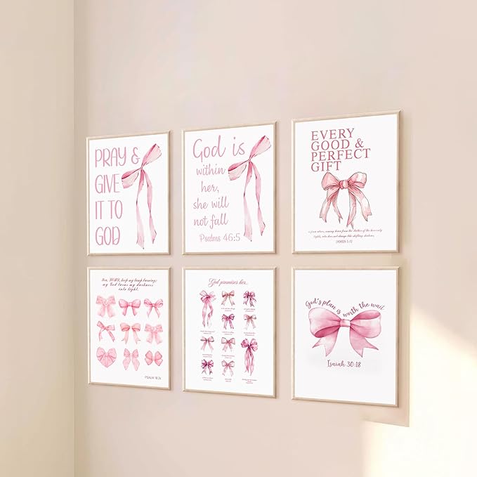 KBKBART Coquette Pink Bow Wall Art Decor Posters– Set of 6 Unframed 8x10 Prints, Inspirational Bible Verse Posters for Girls Room, Aesthetic Christian Decor for Bedroom, Bathroom, or Dorm