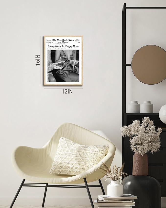 Bwodke OAK Wood Framed Wall Art Every Hour Is Happy Hour Canvas Art Vintage Newspaper Pictures Wall Decor News Prints Trendy Artwork for Girly Dorm Bedroom 12"x16"