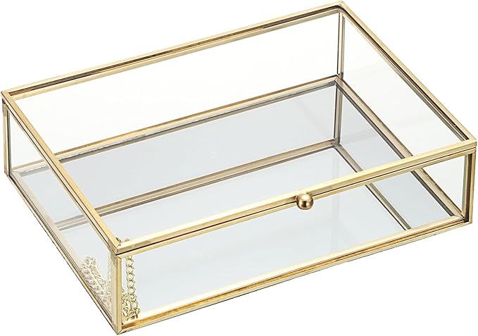 Glass Jewelry Box with Lid Golden Vintage Box with Mirror Base Decorative Case for Ring Earring Makeup Jewelry Display Organizer for Dresser, 7.3 x 5.3 x 2 Inch