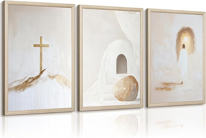 Jesus Christian Wall Art Gold Beige God Canvas Wall Decor He Is Risen Art Religious Christian Poster Modern Minimalist Cross Painting Artwork Jesus Picture Prints for Living Room 12x16x3 Inch Framed