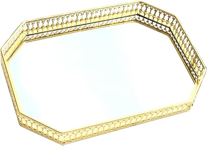 Mirror Tray, Makeup Decorative Storage Mirror Tray, Gold Or Silver Glass Mirror Crystal Vanity Tray, Antique Mirror Serving Tray Round Ornate Jewelry Trinket Organizer Tray for Home Decor(#4)