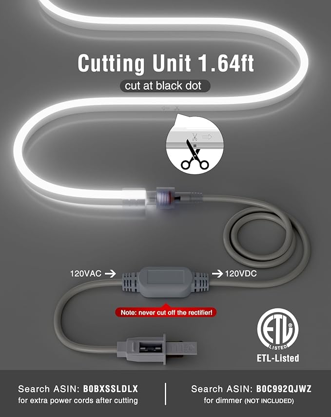 Shine Decor LED Neon Rope Lights AC 120V, Expandable & Cuttable 120LEDs/M Bright Strip Lighting, ETL Cold-Resistant & IP65 Waterproof for Indoor Outdoor, 8x16mm, 6300K Cool White, 98.4ft