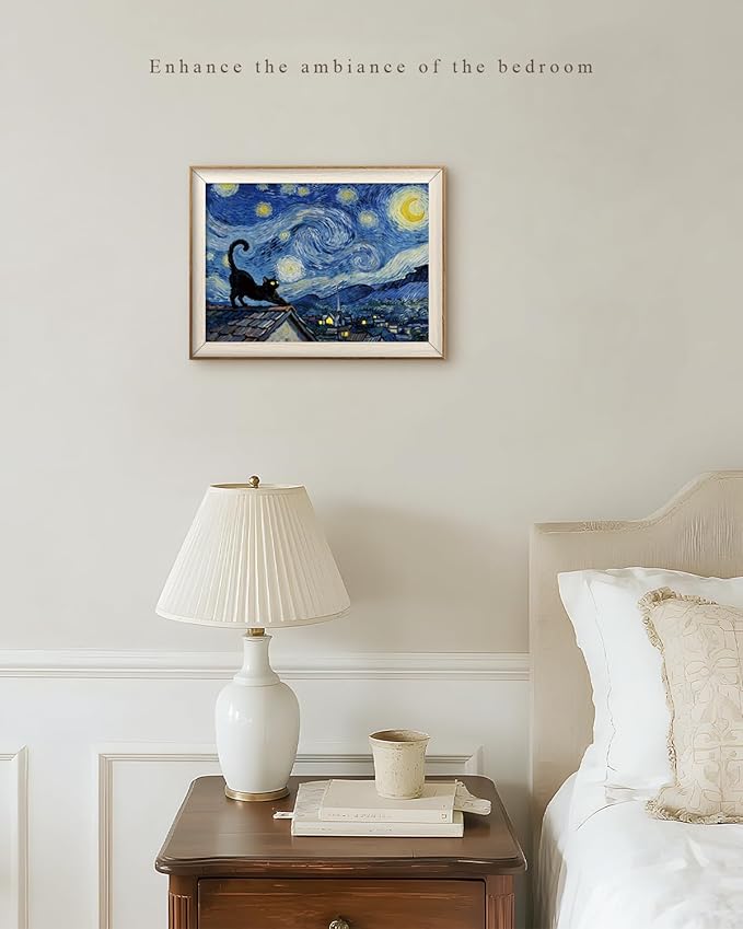 VIYYIEA Vintage Framed Wall Art for Living Room, Stargazing Black Cat Canvas Prints, Oil Painting Home Decor, Van Gogh Picture, Bathroom Wall Decor Gifts for Friends or Family - 16L x 12W
