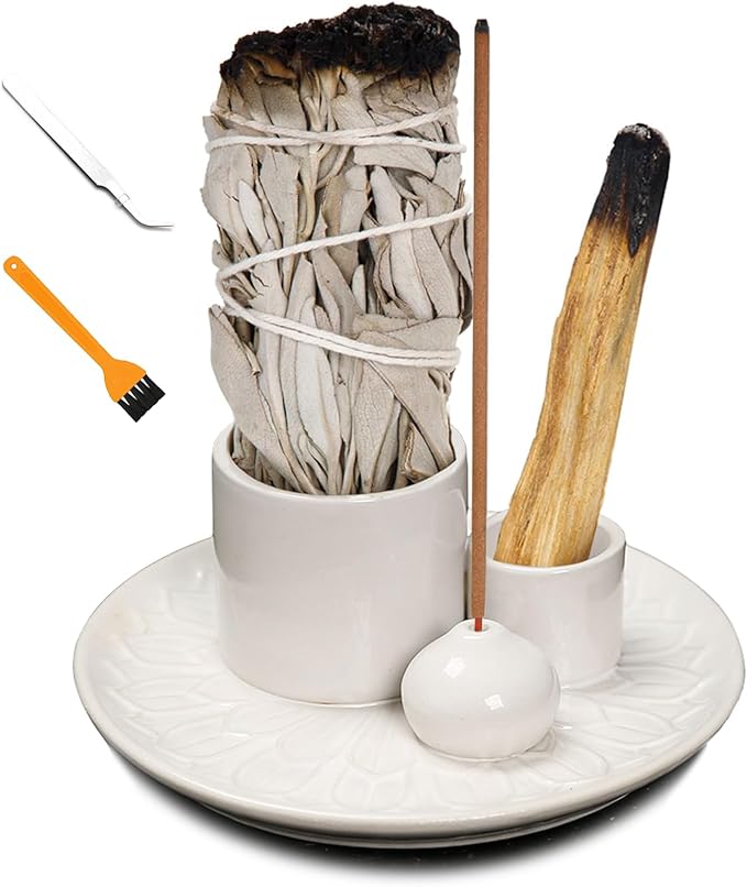 4 in 1 Multifunctional Ceramic Incense and Candle Holder with Ash Catcher Tray Suit for Burning White Sage, Palo Santo Sticks (White)