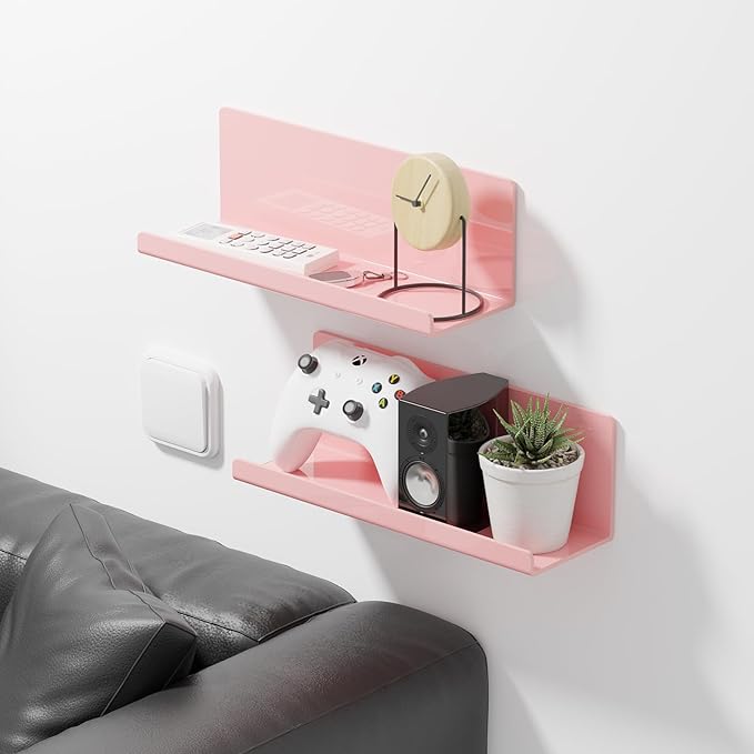 PAVSTINE Adhesive Floating Shelves for Wall No Drilling, 12 Inch Acrylic Self Adhesive Shelves, Stick on Shelves, Dorm Wall Shelf, for Bathroom, Kitchen, Bedroom, Office, Gaming Room, Pink