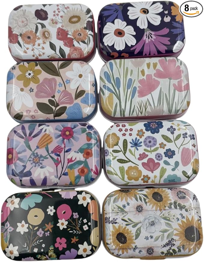 8Pcs Metal Hinged Tin Box Container Daisy Floral Farmhouse Rustic Mini Portable Small Storage Container Kit with Lid for Home Storage 2.1x1.5x1 Inch (Pastel)