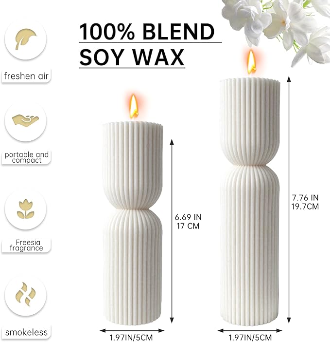 2PCS Hourglass Pillar Candles Set,Soy Wax Orchids Scented Pillar Candles,Cylindrical Tall Pillar Candle,Elegant Bubble Aesthetic Candle Housewarming Gift Home Room Shelf Decor Idea(White)