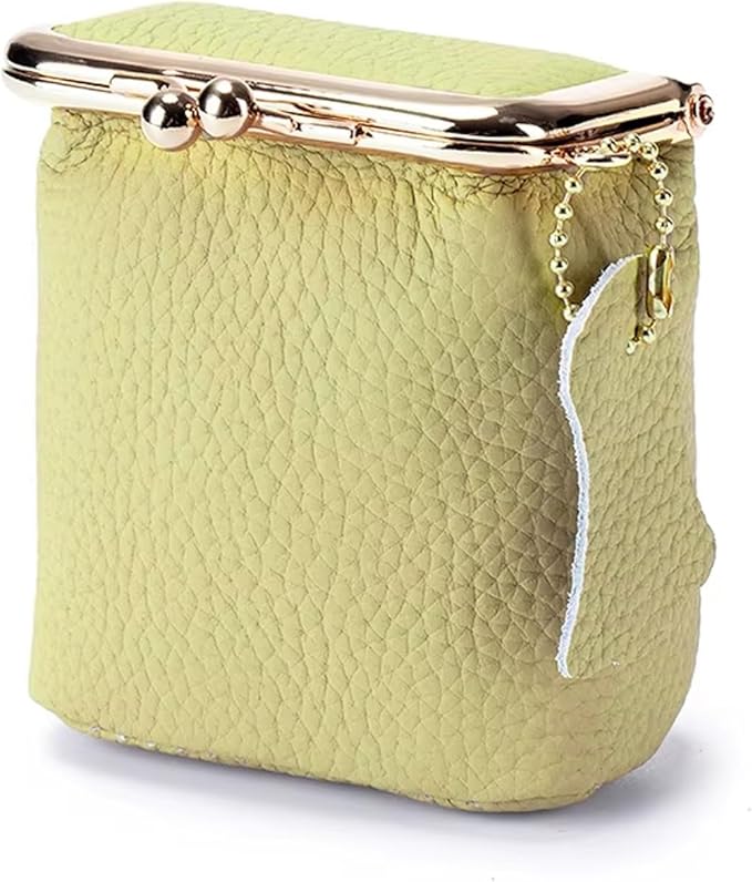 Genuine Leather Mini Jewelry Box for Women, Square Coin Purse with Kiss Lock, Makeup Cosmetic Bag Organizer Travel Case (Large, Yellow)