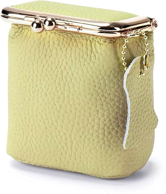 Genuine Leather Mini Jewelry Box for Women, Square Coin Purse with Kiss Lock, Makeup Cosmetic Bag Organizer Travel Case (Large, Yellow)
