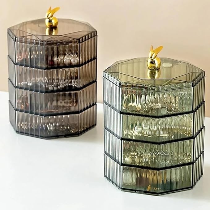 ELEFOCUS 360 Degree Transparent Rotating Jewelry Organizer,Multi-Layer Jewelry Storage Box,Acrylic Jewelry Organizer With Handle,Makeup Table Compartment Multipurpose Jewelry Box (Green)
