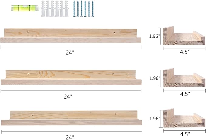 AZSKY 24 Inch Picture Ledge Floating Shelves Set of 3, Solid Wood Wall Mounted Photo Shelf & Nursery Bookshelf for Bedroom, Living Room, Kitchen, Bathroom Decor & Storage- Display Frames, Plants