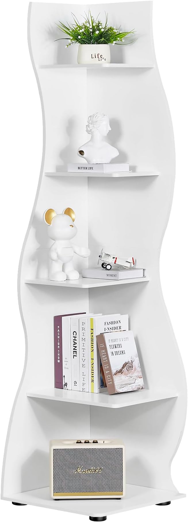 VECELO Wavy Corner Shelf, Decorative 5-Tier Storage Bookshelf, 70.1” Tall Freestanding Display Bookcase for Small Spaces, Living Room or Bedroom, White