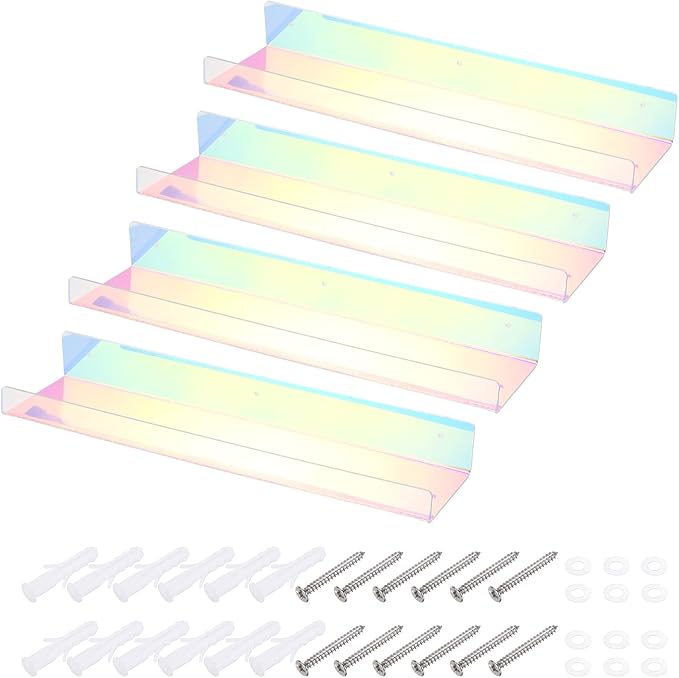 MECCANIXITY 4 Pack Acrylic Shelves for Wall, 15 Inch Rainbow Floating Shelves Wall Mount Display Shelf Organizer for Bathroom, Bedroom, Living Room, Room Decor