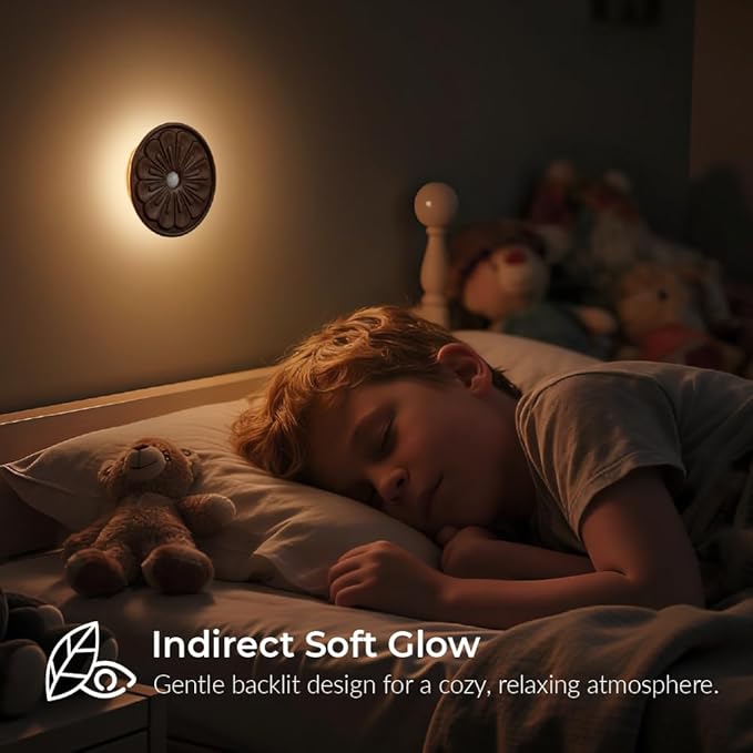Wood Flower Motion Sensor Night Light, Mini Lamp with Embossed 3D Floral Surface, Rechargeable Warm Light, Stick-On Magnetic Mount for Home Decor, Bedroom, Hallway, Stair (Round Black Walnut *1Pack)