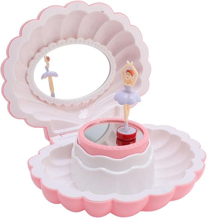 Ballet Jewelry Box with Music Dancing Ballerina Jewelry Organizer with Makeup Mirror for Girls Kids Birthday Retro Design (Pink)