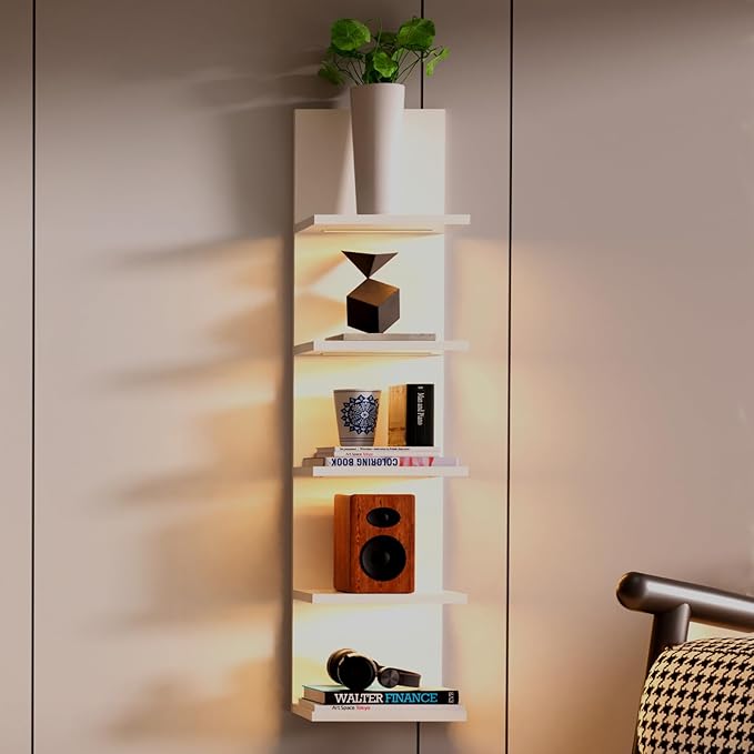 5 Tier Wall Shelves with LED Light, Modern Wall Mount Lack Shelf, Vanity Floating Shelves Home Decor Organizer Tall Tower Design Utility Shelf (White)
