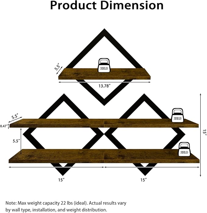 3-Piece Floating Shelves - Unique Geometric Wall Mounted Storage Set (1 Single & 2 Double Tiers), Sturdy Wood & Metal Display Shelf for Plants, Picture Frames, Living Room & Bathroom Decor
