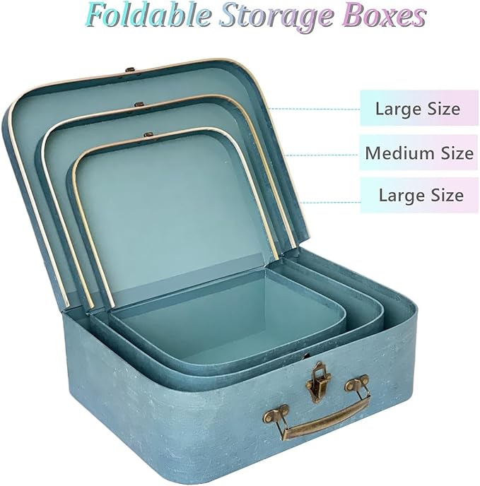 Paperboard Suitcases, Vintage Decorative Box Set of 3 Storage Boxes with Lids, Cardboard SuitcaseS, Memento Box Keepsake Box Photo Storage Box Hat Boxes Home Decoration, Vintage Suitcases (Blue)