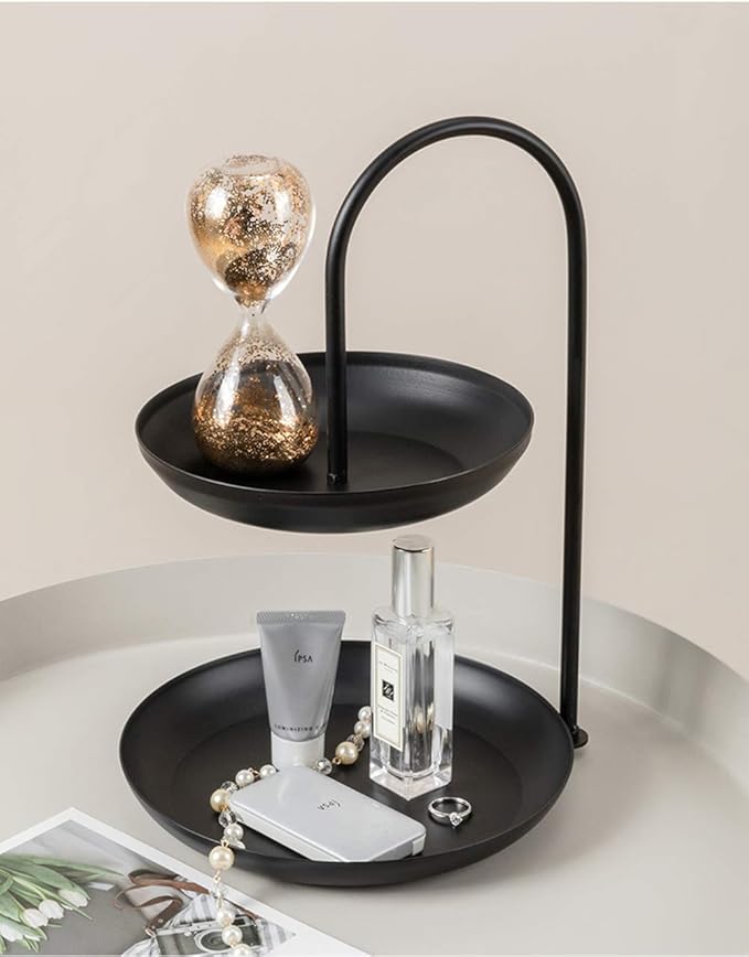 Besttimes Two Tired Makeup Jewelry Organizer Tray Bathroom Home Decorative Metal Vanity Tray(Black)