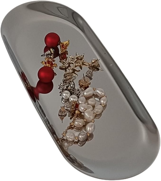 Stainless Steel Decorative Storage Organizer Plate，Dish Plate Tea Tray Fruit Trays for Jewelry, Fruit, Food, Makeup Cosmetic, Towel, Perfume, Candle Trimmer, Silver, Oval, 9.06" x 3.7"