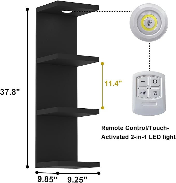 LitaEther Versatile 4 Tier Wall Shelf Unit,Black Lack Wall Shelf,Display Floating Shelf with LED Remote Control Light