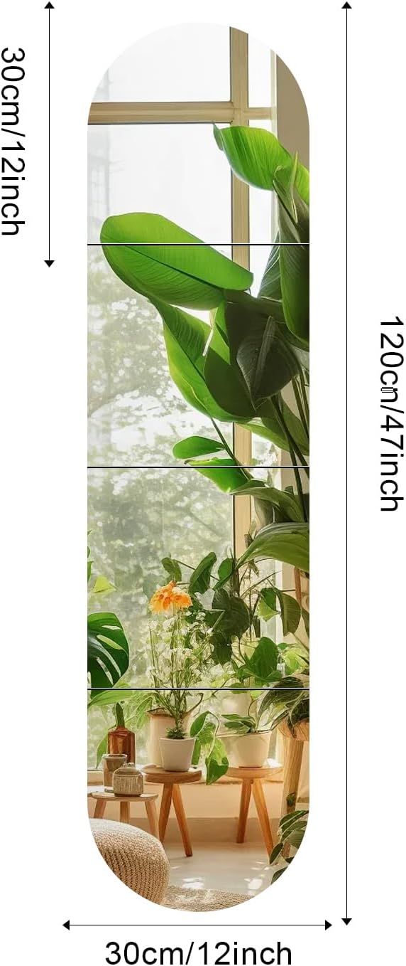 Full Length Mirror Wall Mounted,12 x 12 Inch x 4 PCS Arched Mirror Full Length Self Adhesive Glass Frameless Full Body Mirrors for Decor Living Room,Entrance,Bedroom,Salon