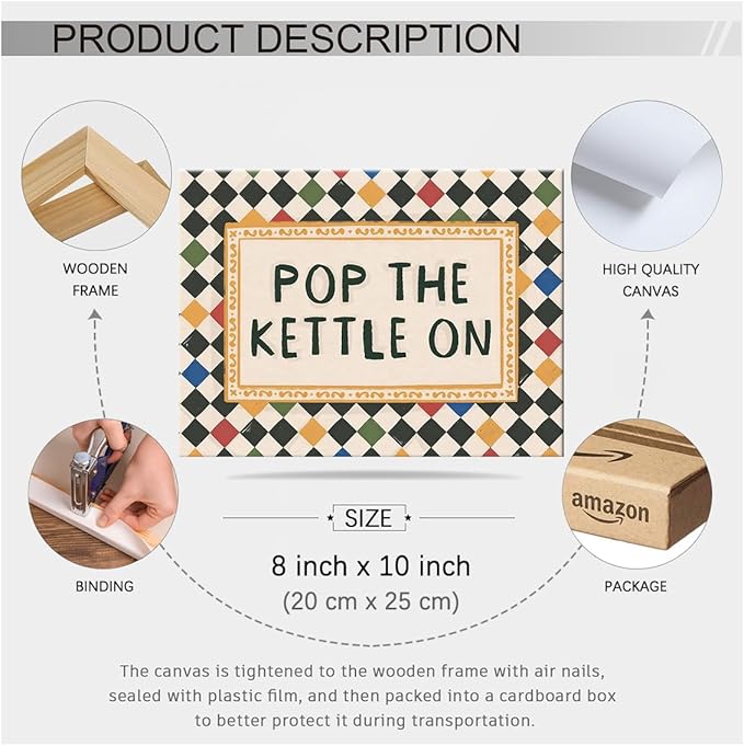 Modern Colorful Eclectic Wall Art Pop The Kettle On Minimalist Quote Poster Vintage Aesthetic Canvas Prints for Living Room Kitchen Gallery Wall Decor 08x10 inch Wood Framed