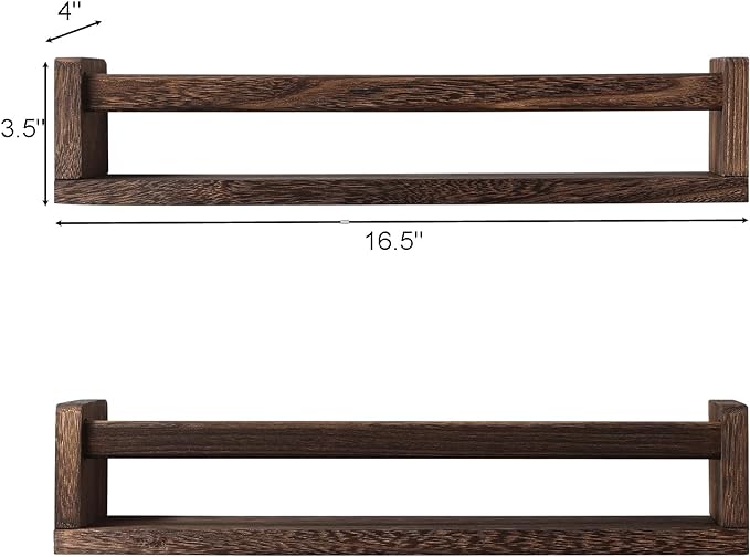 JORIKCHUO Nursery Book Shelves, Set of 2 Wood Floating Book Shelves for Kids Room, Kitchen Spice Rack, or Rustic Wall Mounted Shelves for Farmhouse Bathroom Décor (Carbon Brown)
