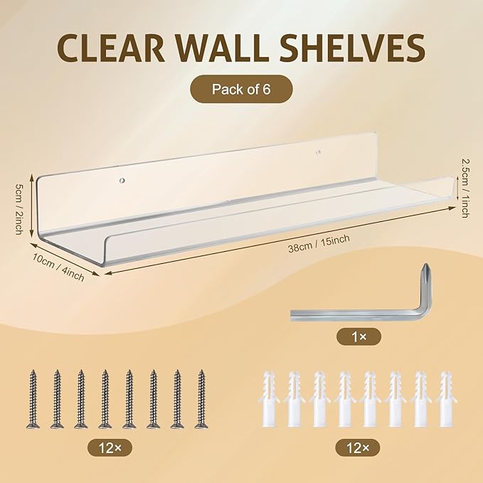 AMEITECH Acrylic Floating Shelves for Wall 6 Pack, 15" Acrylic Shelves for Room Decor, Book Shelf for Kids, Clear Hanging Display Shelf Organizer for Kitchen, Bedroom, Bathroon Organizers and Storage