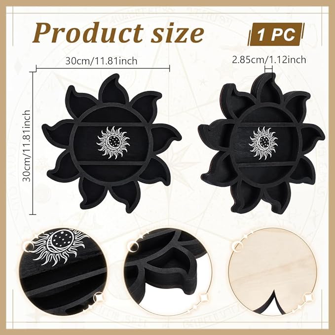 peacoblue Sun Flower Crystal Display Shelf Wall - 11.8×11.8×1.12" Wooden Wall Decor Art Hanging Case with 3-Layer Crystals Gem Stone Storage Organizer for Boho Witchy Home Decor or Modern Interiors