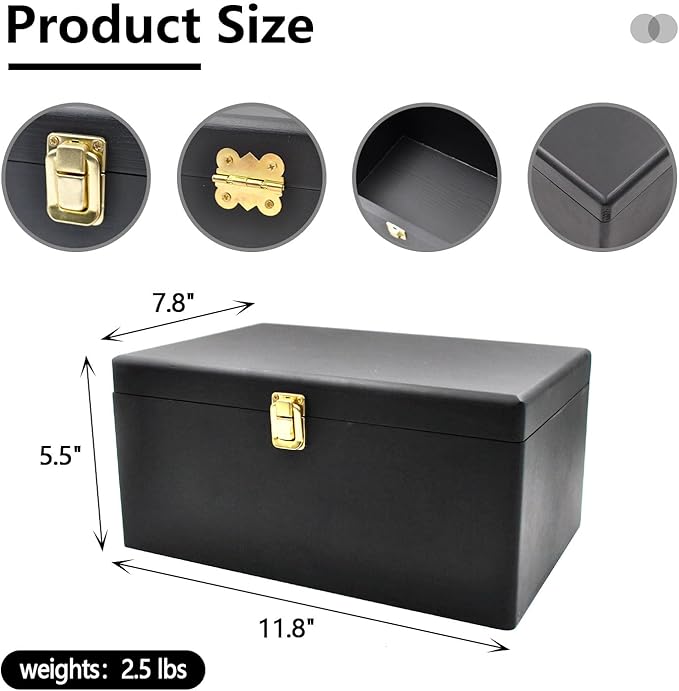 Large Wooden Storage Box with Hinged Lid, Wood Keepsake Chest, Perfect for Storing Souvenirs, Jewelry, Tools, Clothes, Recipes, Receipts, Small Accessories, etc, 11.8" x 7.8" x 5.5", Black