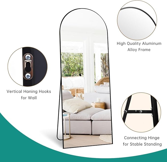 TinyTimes 64''x21'' Arched Full Length Mirror with Stand, Full Body Mirror, Mirrors Full Length Floor Freestanding, Wall Mounted Mirrors for Bedroom Living Room Cloakroom (Black)