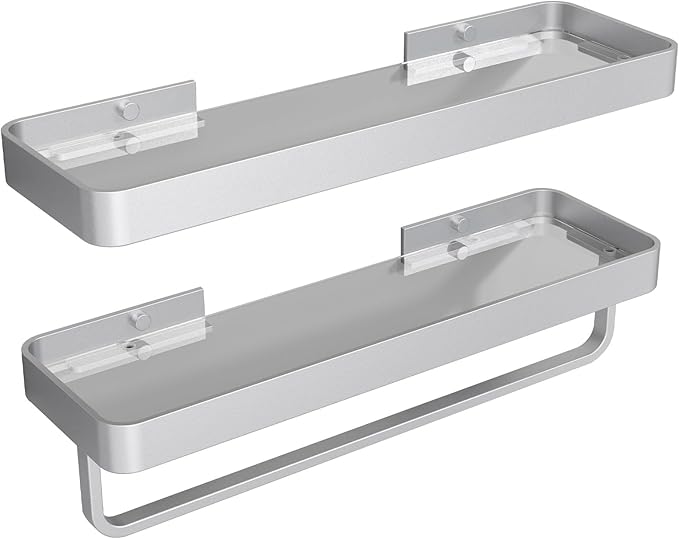 Danpoo 16-Inch Silver Floating Bathroom Shelves with Towel Bar, Clear Tempered Glass Wall Shelf 2-Pack – Versatile Bathroom Organizer Set
