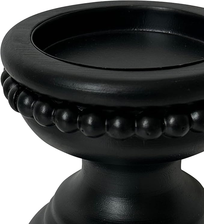 dwellington Farmhouse Rustic Wood Pillar Candle Holder, Decorative Beaded Candlestick Holder Stand for Home Décor, Gifts, Wedding (Black)