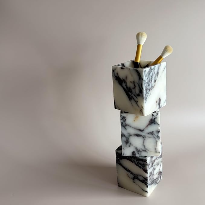 Natural Marble Stone Square Storage Container Empty Vessel Holder Cup for Candle/Pens/Sundries items (Calacatta Purple)