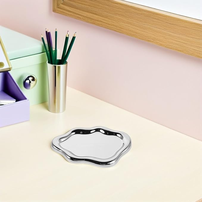 Zerodeko Ceramic Jewelry Tray Irregular Silver Nail Art Photo Prop Makeup Organizer Plate Keyring Holder Perfume Display Decorative Tray for Home Décor