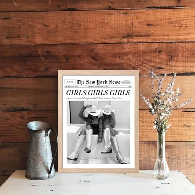 Bwodke OAK Wood Framed Wall Art Girls Just Wanna Have Fun Canvas Art Vintage Newspaper Pictures Western Wall Decor Trendy Cowgirl Prints Black and White Artwork for Girly Dorm Bedroom 8"x10"