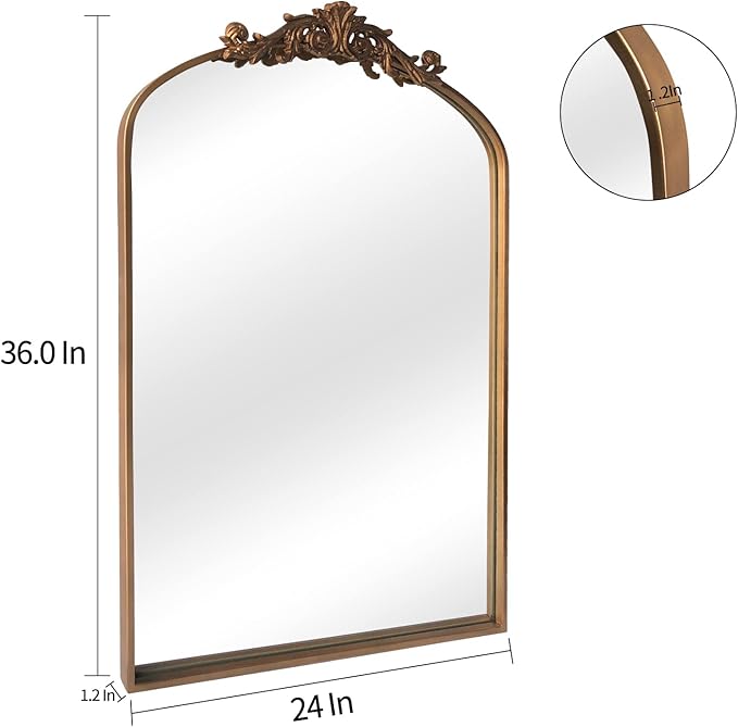 HQiJun Antique Gold Arched Baroque Mirror 24x36 - Brass Finish Metal Frame, Intricately Carved Vertical Wall Mirror for Entryway, Living Room, Bathroom Vanity & Dining Room