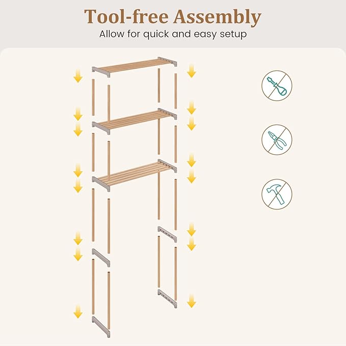 Giantex Over The Toilet Storage Shelf, 3-Tier Pine Wood Space-Saving Above Toilet Shelf Rack, Freestanding Over Toilet Bathroom Organizer for Laundry, Balcony, Restroom